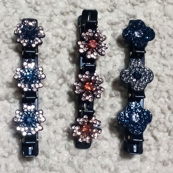 Rhinestone Floral Black Hair Clips, Set of 3 - Picture 3 of 3